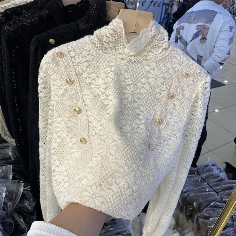 

High collar double row button hook flower cut out lace top for women