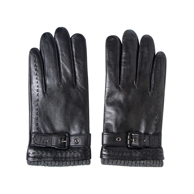 Men Genuine Sheepskin Leather Gloves Black Autumn Winter Warm Full Finger Gloves High Quality Men's Gloves With Velvet NR91