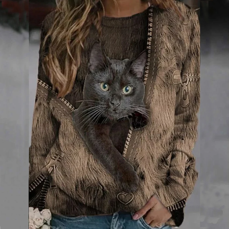 

Kawaii Cat Print Women T Shirts Casual Crew Neck Long Sleeve Lady Tee Shirts Plus Size Loose Aesthetic Pullover Tops