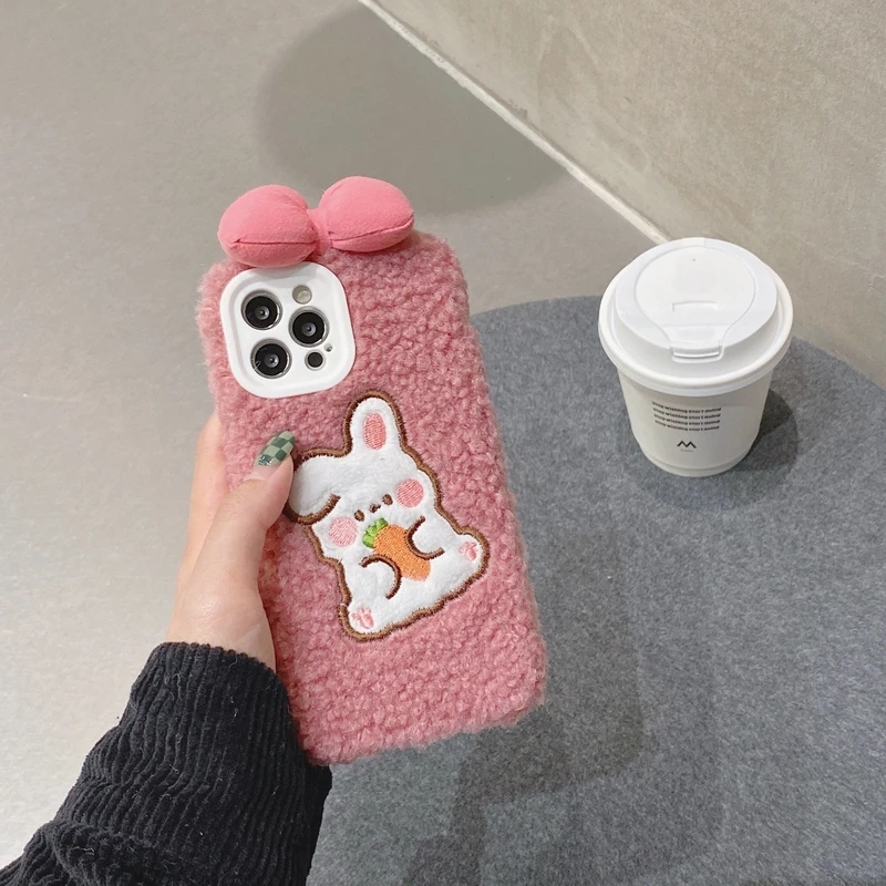 

Cute Pink Rabbit Warm Lamb Plush Fabric Phone Case For iPhone 13 12 11 Pro Max X Xs Max Xr 7 8 Puls Cases Fuzzy Soft Cover Capa