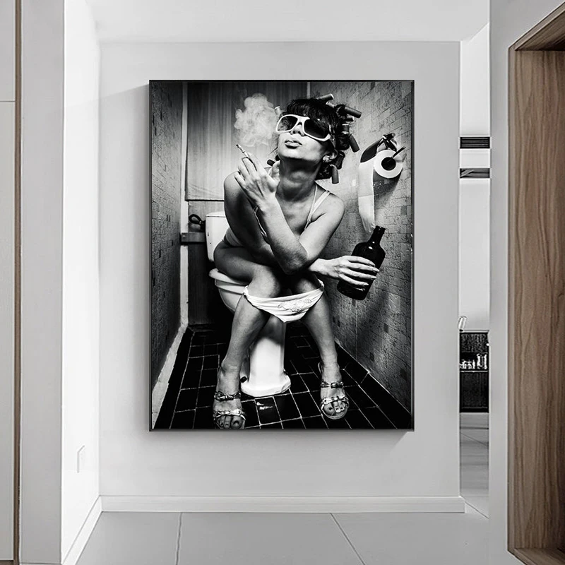 

Woman Sitting on the Toilet Vintage Canvas Art Posters And Prints Black and White Sexy Woman Wall Paintings Home Wall Decoration