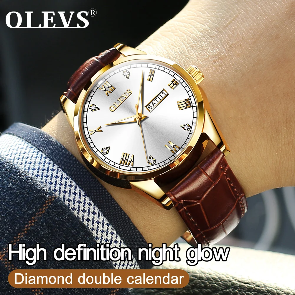 

OLEVS 6896 Luxury Classic Men Leather Waterproof Watches Fashion Business Double Calendar Men's Wristwatches