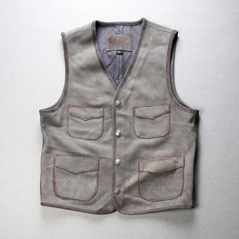 

summer 2021 brand suede vest men casual travel v-neck sleeveless leather jacket men yellow gray white