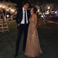 rose gold long prom dresses 2021 new champagne sexy v neck spaghetti straps sequined formal party evening gowns vestido de gala