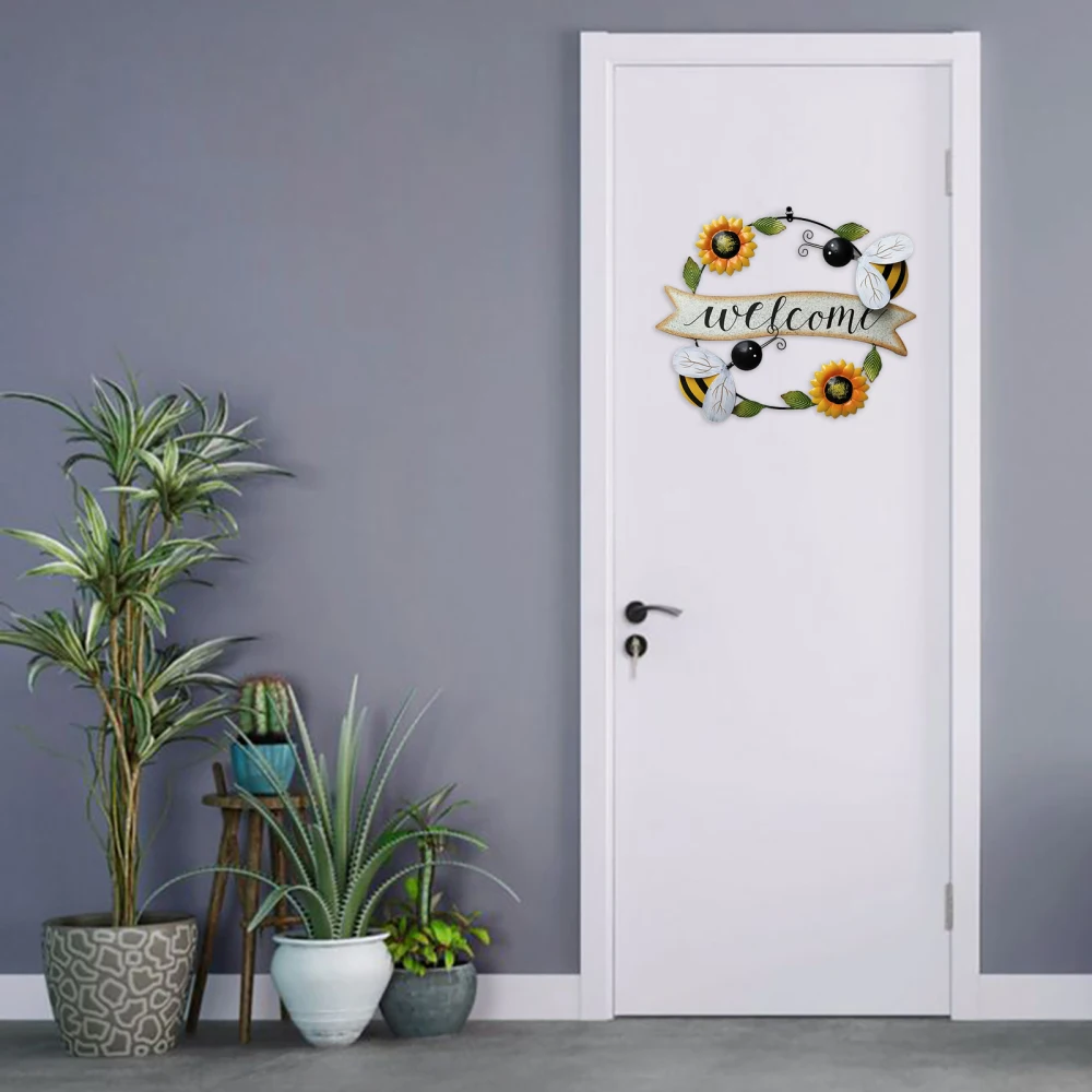 

Wall Decoration Small Pendant Welcome Sign Hanging Little Bee Iron Ornaments House 30X39CM Metal Handcrafts Vintage Sunflower