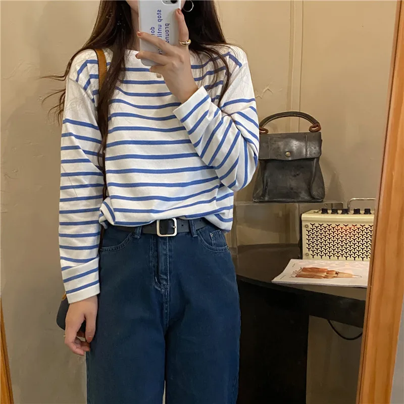 

HziriP 2021 Hot Autumn Ladies Sweater Striped O Neck Loose Long Sleeve Classic Basic Fashion Casual Knitted Minimalist Pullover