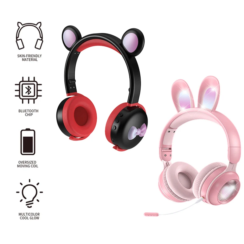 

Мультяшные наушники с кроличьими ушками, Беспроводная складная гарнитура с поддержкой Bluetooth, музыкальные стереонаушники с микрофоном, шлем...