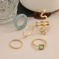 gold green crystals acrylic snake punk rings set for women metal creative snake animals gold ring fashion rings jewelry