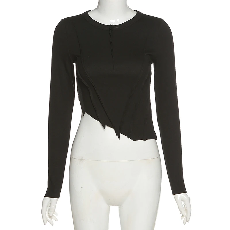 

yuqung long Sleeve irregular short cropped shirt crop top women o neck pleated cropped bottom tees causal slim tshirt autumn