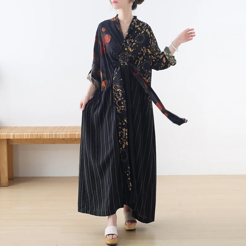 

V-neck Printed Floral Patchwork Striped Vintage Dress Soft Silk Linen Short Sleeve Loose Summer Dress Women Holiday Casual Dress