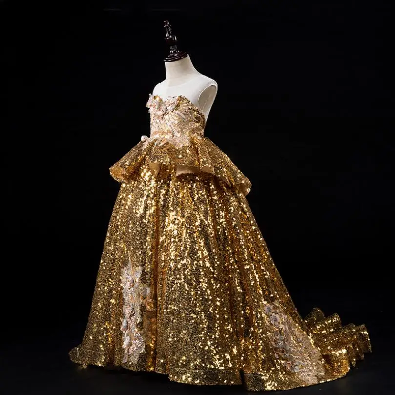 New Luxury Gold sequin flower girl dress Sleeveless High-end show princess gown Modis Kids Wedding Party Dress Vestidos Y2035 |