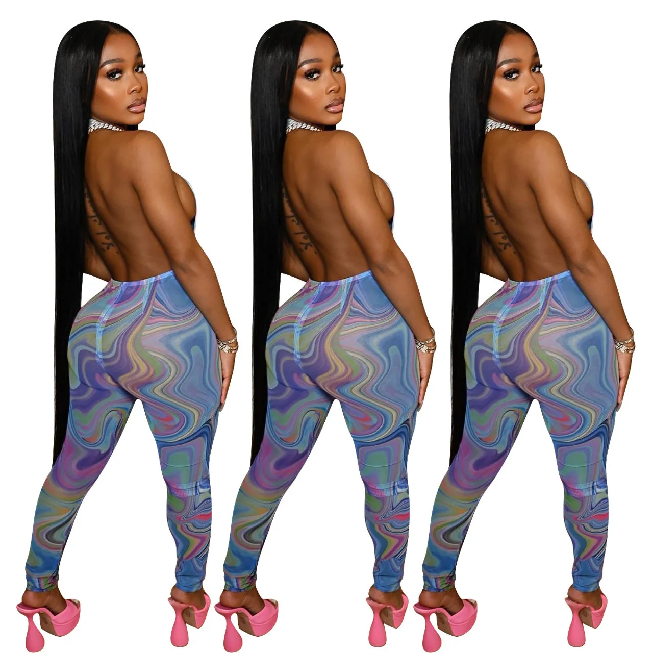 

Sexy Mesh Jumpsuit Printed Halter Hollow Out Backless Gauze Slim One Piece Romper Party Nightclub Streetwear Women Summer