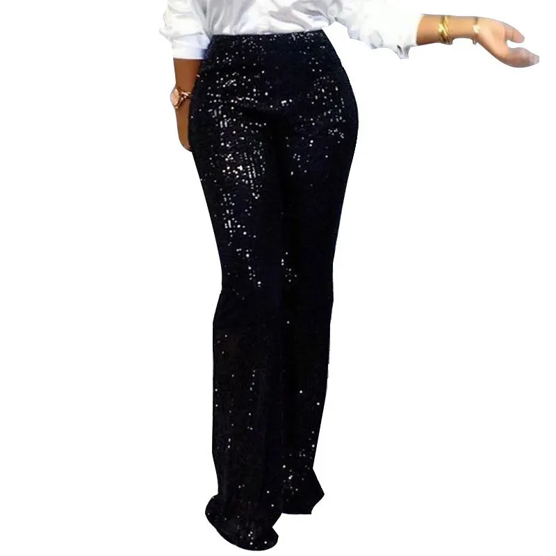 Женские длинные широкие брюки с блестками блестящие серебристые и черные
