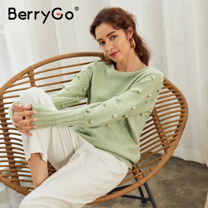 Элегантный пуловер BrryGo с меховым помпоном Осень-зима вязаный свитер