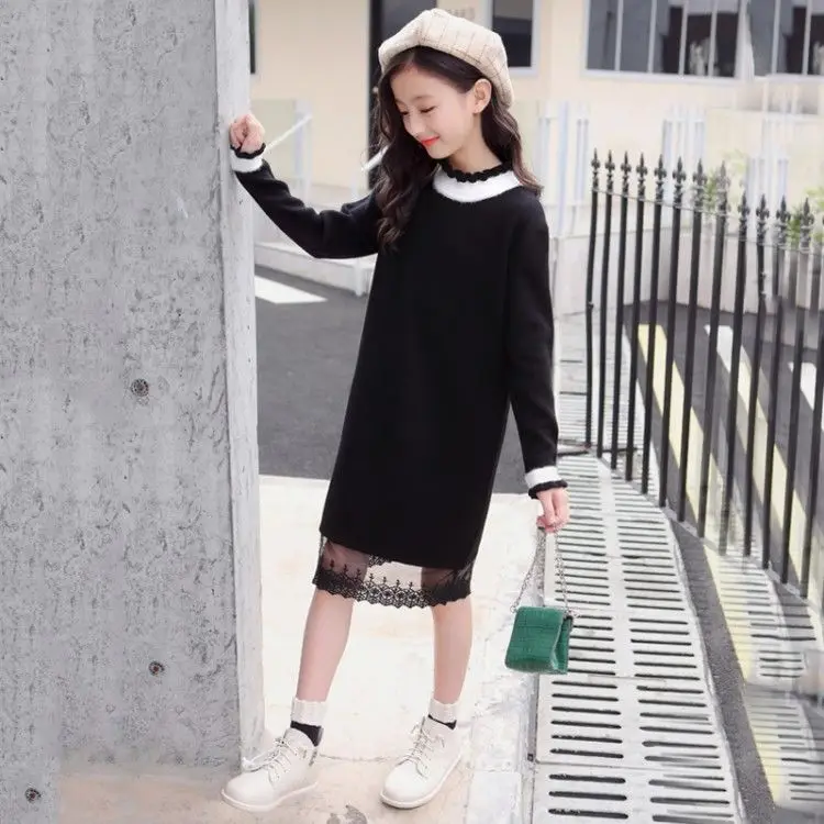 

New 2020 Autumn Winter Baby Toddler Teenage Kids Girls Knitted Dress Children's Clothes Slim Girls Casual Sweater Dresses W831