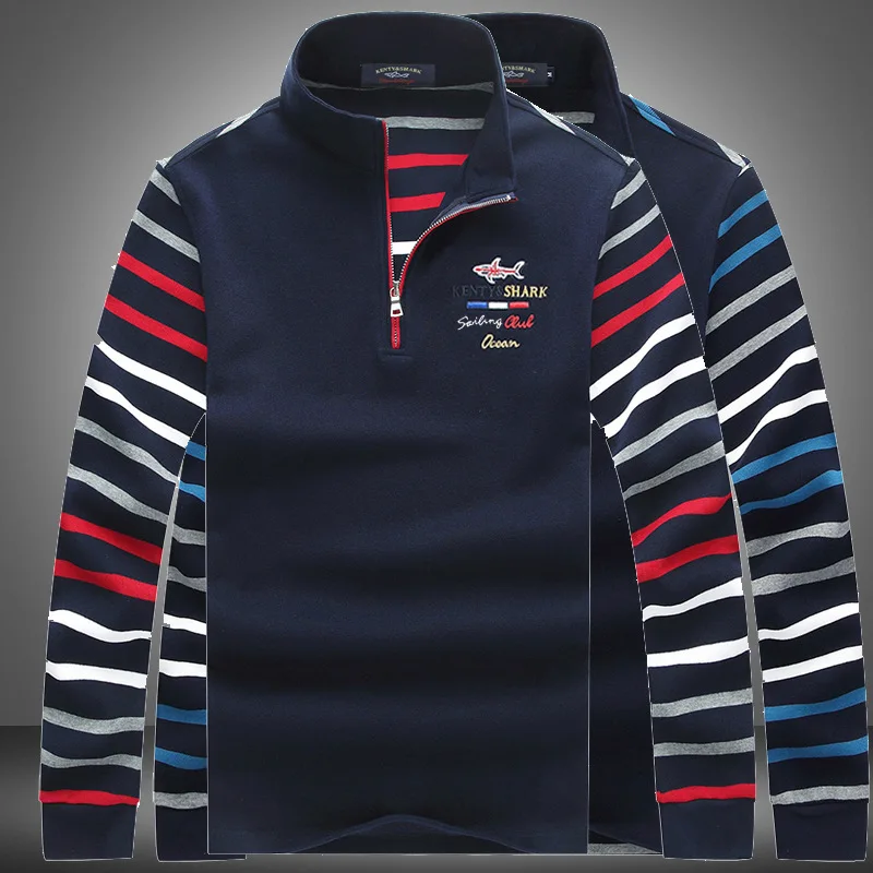 

Quality Fashion Male High Clothing Autumn Casual Cotton Long Sleeve Business Stripe Men's Stand Collar Polo Shirts Shark Brand
