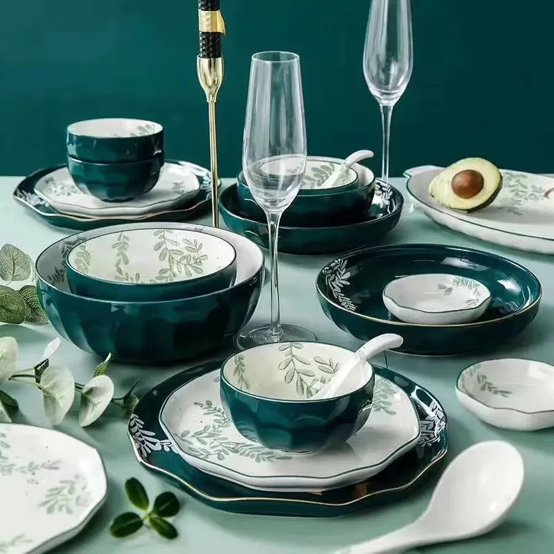 Набор посуды из керамики с зелеными растениями тарелка для торта Салатница
