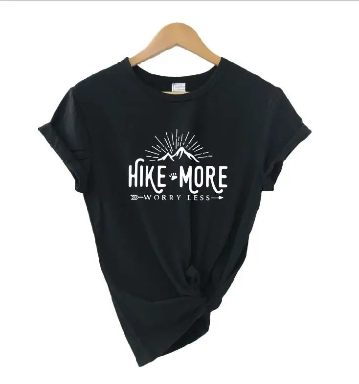 Hike More Worry Less футболка на открытом воздухе Wanderlust Футболка женская Стрела Приключения Кемпинг природа Топ Футболка короткий рукав женские топы - Цвет: black t white words