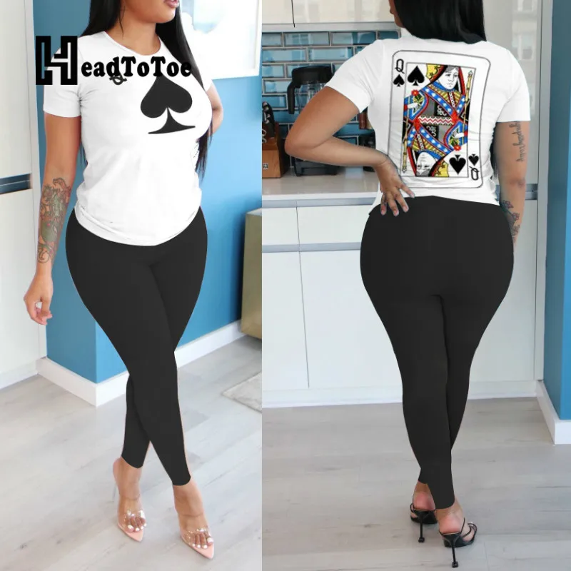 

Poker Print Short Sleeve T- Shirt Tops & Solid Skinny Pants Set Women Two Piece Outfits