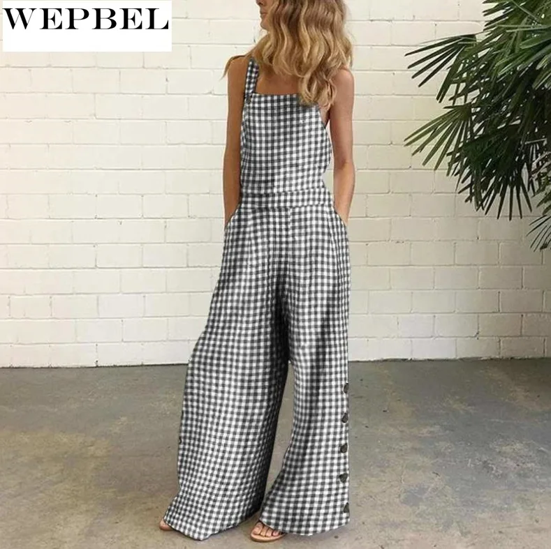 

WEPBEL Strap Jumpsuits Women's Loose Pockets Jumpsuits Summer Plaid Printed Stitching Single Breasted Wide Leg Strap Jumpsuits