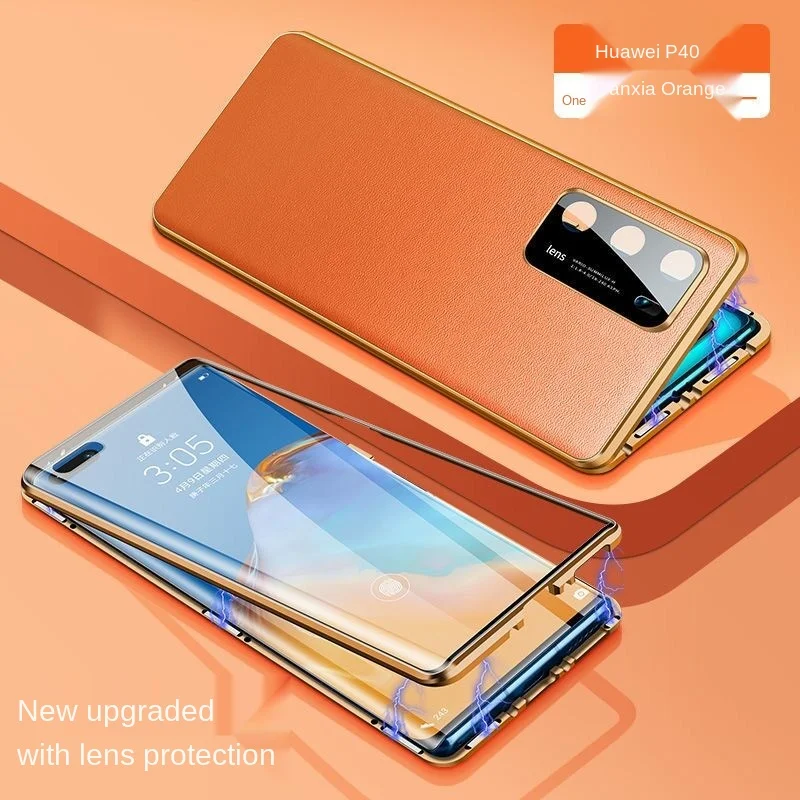 Кожаный стеклянный металлический магнитный деловой чехол для телефона Huawei P40 Pro