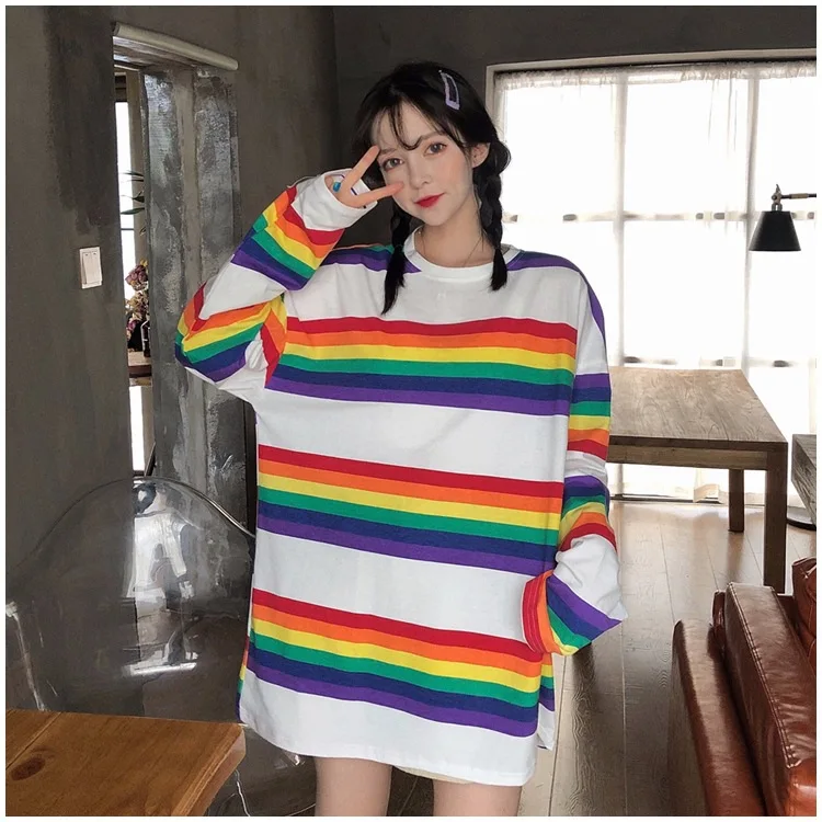 Women sweetshirts 2021 autumn Korean version of the rainbow striped long-sleeved loose top net red clothes Oversized hoodie tops