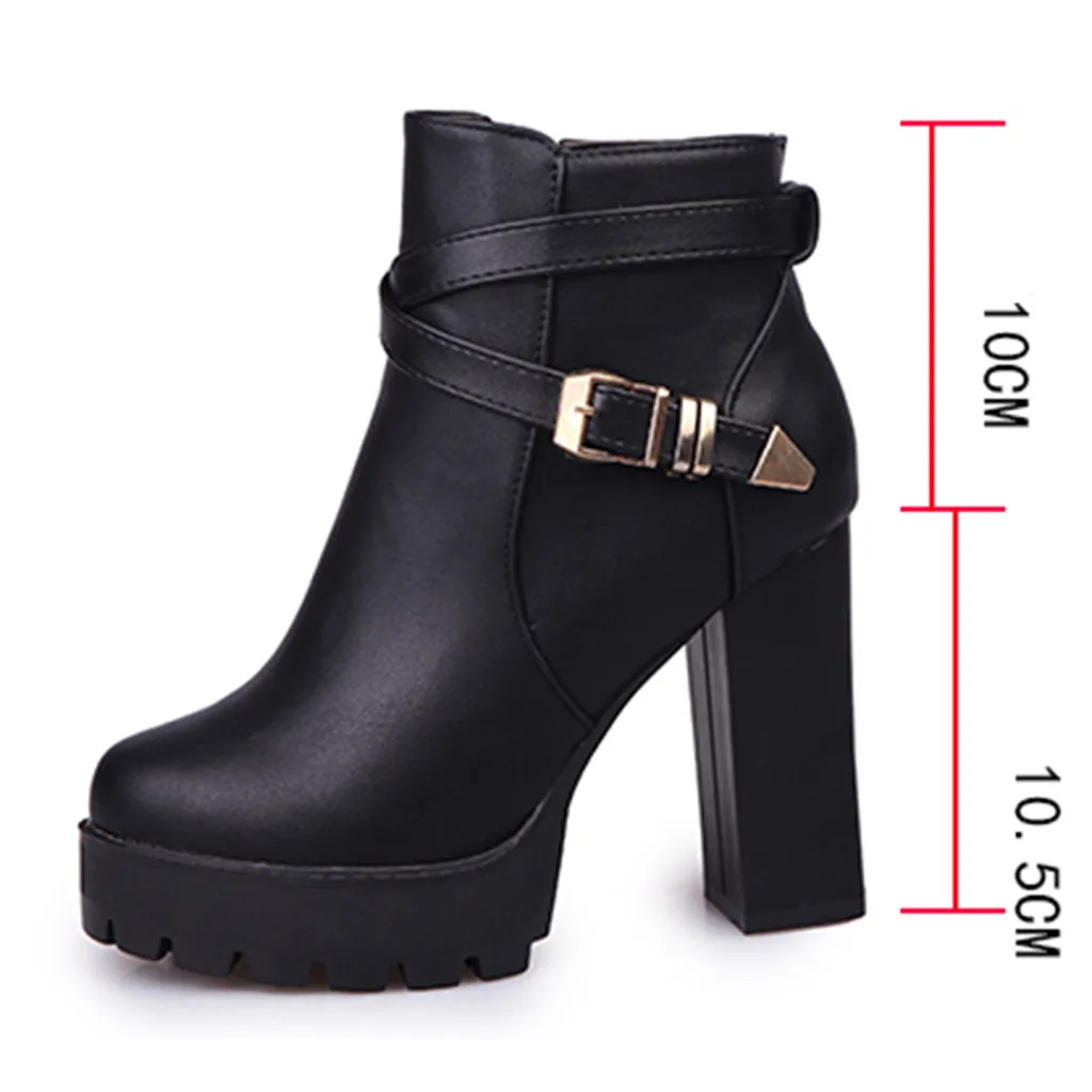 

Women Winter High Heel Boots Female Quality Pu Leather Platform Shoes Ladies Squared Heels Buckle Zipper Short Boot Ankle Boots
