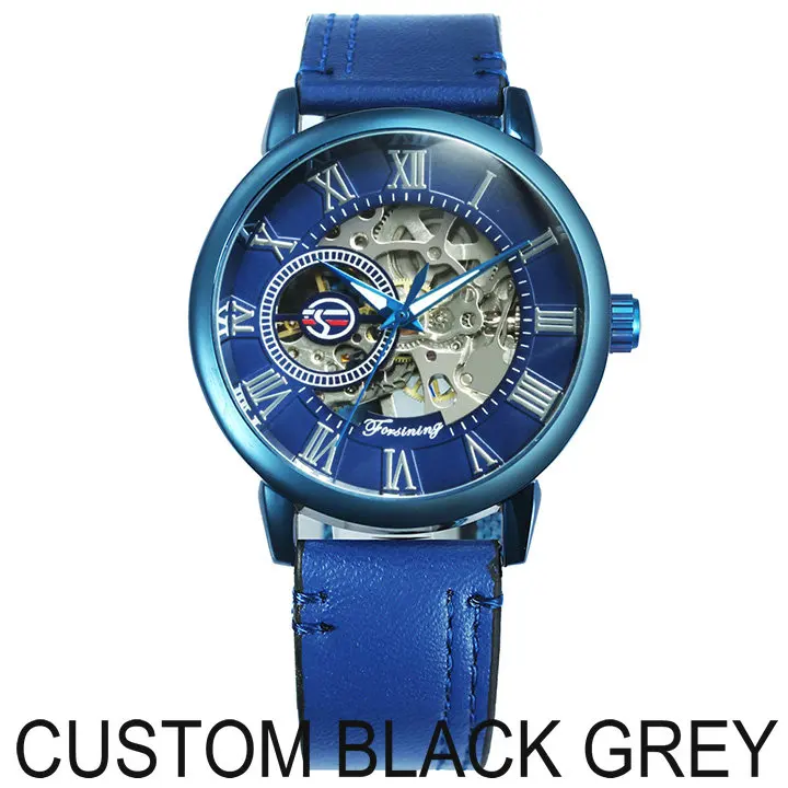 BLACK GREY FORSINING новые мужские модные часы, мужские механические часы с синим скелетом, мужские часы от ведущего бренда, Роскошные наручные часы с кожаным ремешком - Цвет: BLACK GREY
