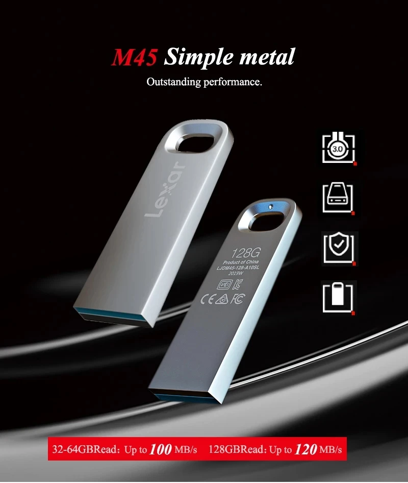 Lexar USB 3,0 M45 USB флэш-накопитель 32 Гб 64 Гб Высокое Скорость 100 МБ/с. металлический флешки USB флэш накопитель 128 ГБ USB флеш-накопитель