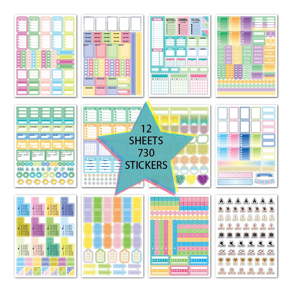 

730Pcs Planner Stickers for Diary Accessories Stickers Notebook DIY Material Scrapbooking Stickers for Notebooks Stationery
