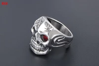 fashion single item titanium steel jewelry red eye grimace skull flower and grass ring