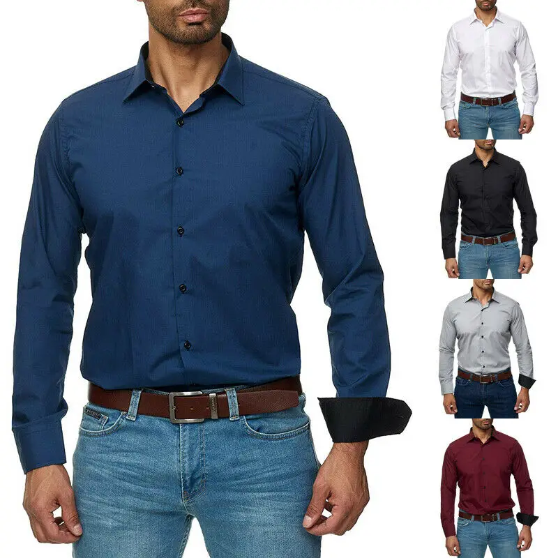 Мужские рубашки с длинным рукавом повседневные однотонные деловые приталенные
