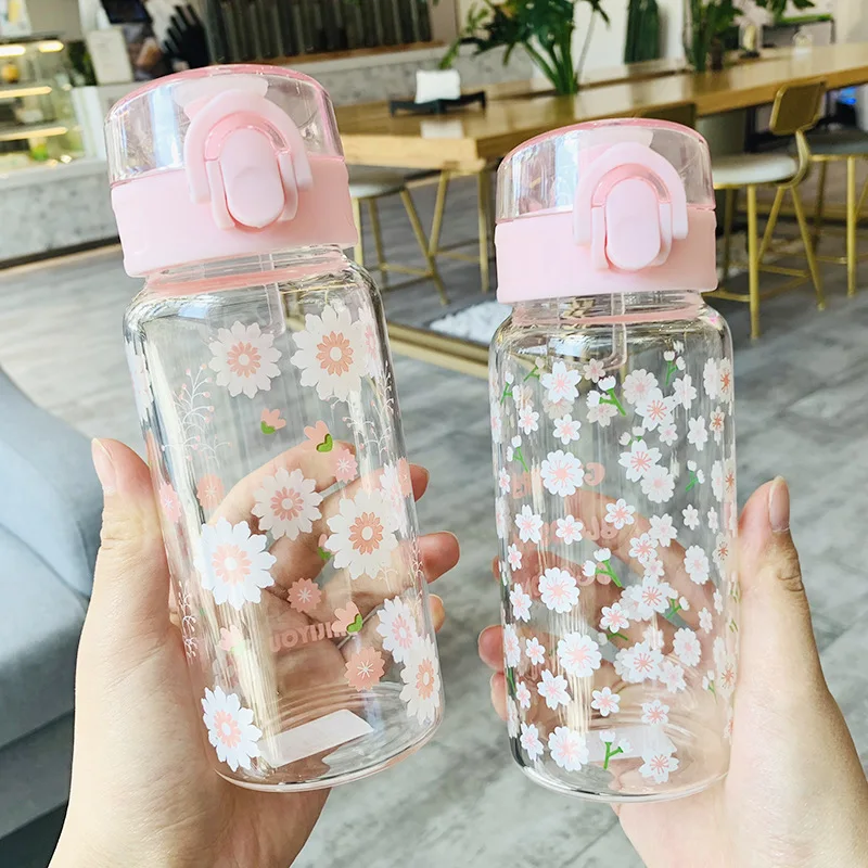 

Kids Glass Water Bottle Bouteille En Verre Pop Up Lid Flower Pattern Botella Cristal Agua Drinking Bottle Water Bouteille Verre