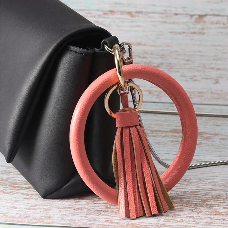 Bohemia Pu Leather Wristband Keychain Bangle Fashion Leopard Snake Gold Big Circle Key Ring Tassel Bracelet For Women | Украшения и