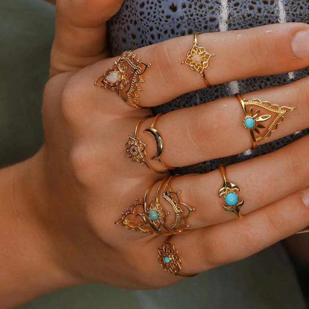 

11 Pcs/set Ladies Fashion Moon Lotus Fishtail Geometric Crown Crystal Gold Finger Ring Set Charm Party Wedding Jewelry Gift