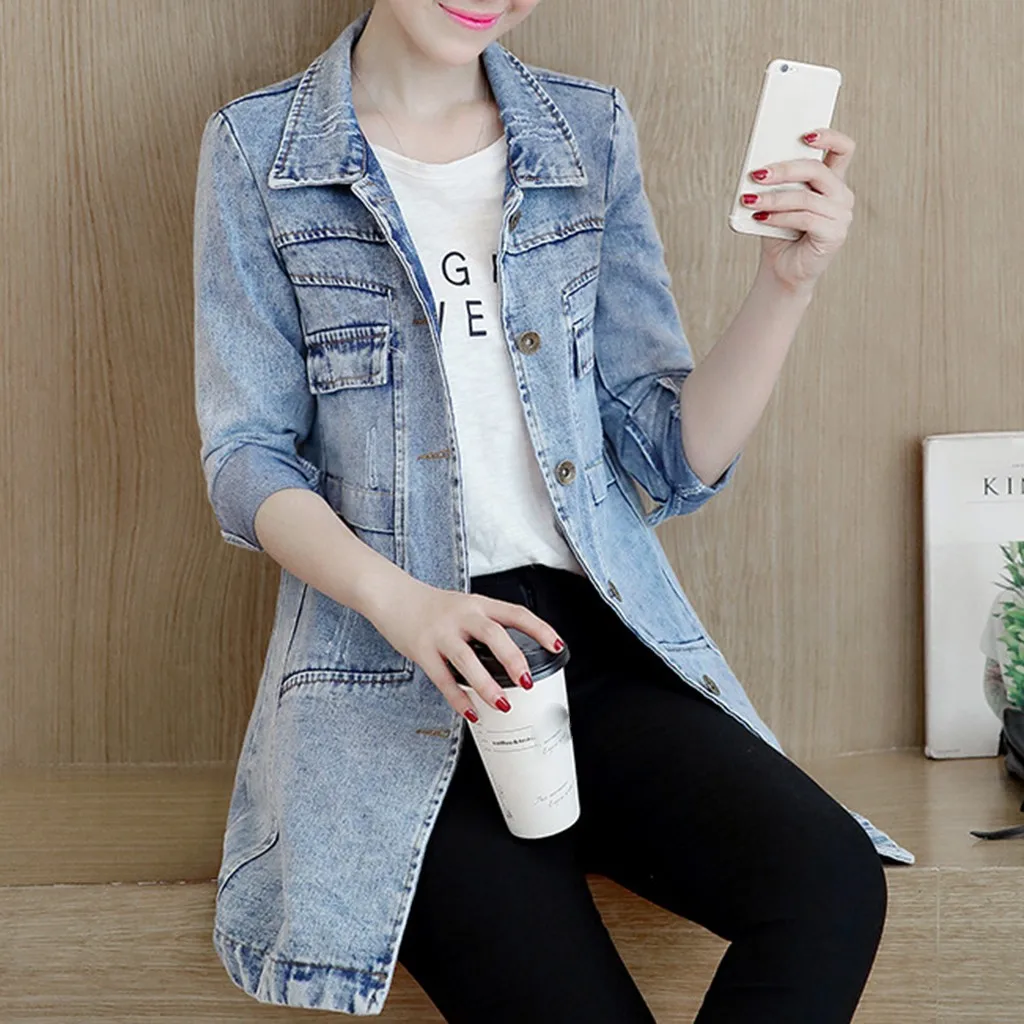 Женские длинные джинсовые куртки размера плюс модные повседневные винтажные