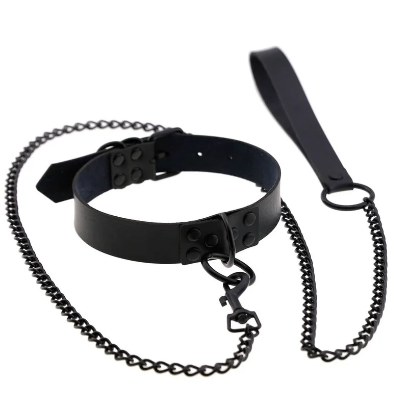 

Women Man Dark Black Punk Gothic Sexy Rivet Alternative metal Slave PU Leather Collar Traction Rope Chain Bondage Necklace