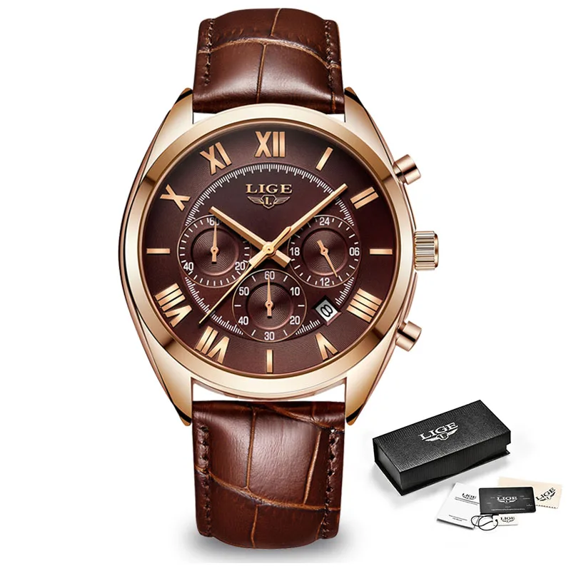 

LIGE Watch For Men Top Brand Luxury Waterproof 24 Hour Date Quartz Clock Brown Leather Sports WristWatch Relogio Masculino 2021