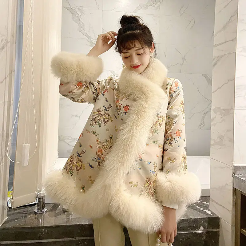 

Winter 2021 Women Furry Fur Coat Women Fashion Fur Jackets For Women Chinese Palace Embroidery Beaded Tang Suit Fur Cape Shawl