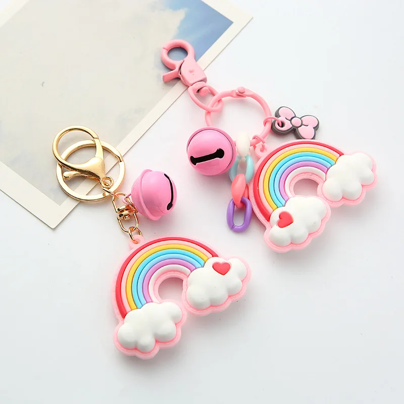 

Ins Sweet And Lovely Rainbow Cloud Bowknot Shell Bell Couple Car Keychain Women's Backpack Bags Decoration Pendant Jewelry Gifts