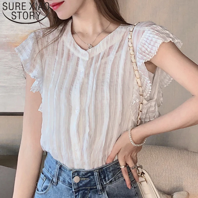 

2020 Summer New Korean Style Short Sleeve Chiffon Blouse Women Round Neck Solid Color Elegant Ruffle Tops Blusas Mujer 8827 50