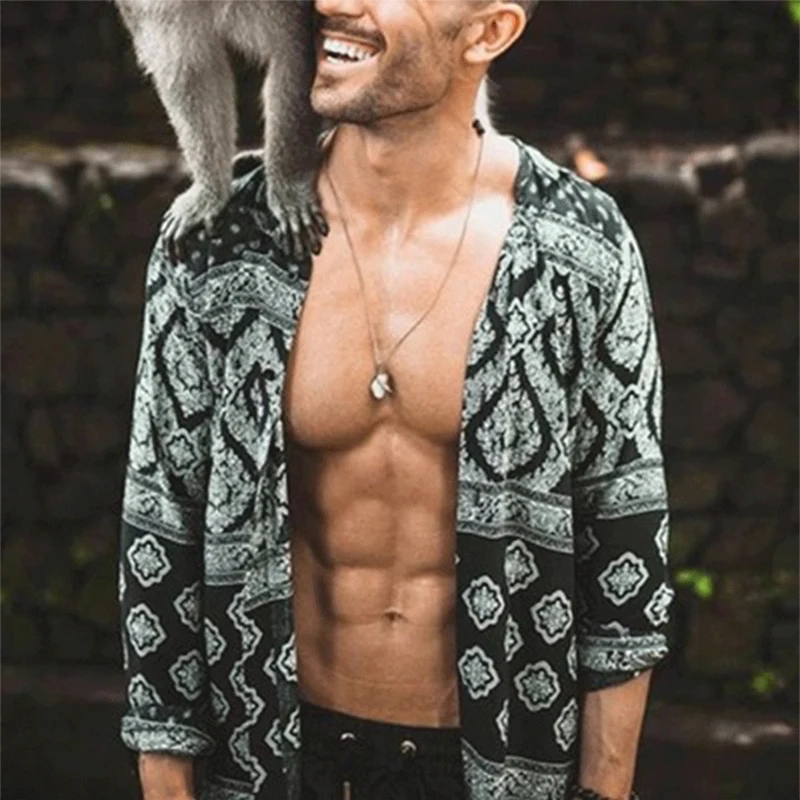 

European and American new style men's printed long-sleeved shirts fashion holiday style men's tops shirts