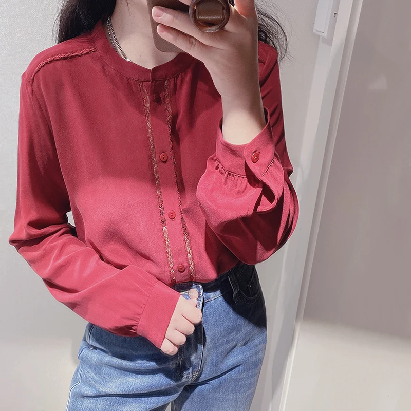 100% шелк круглый вырез женская блузка с длинными рукавами кружево пэчворк