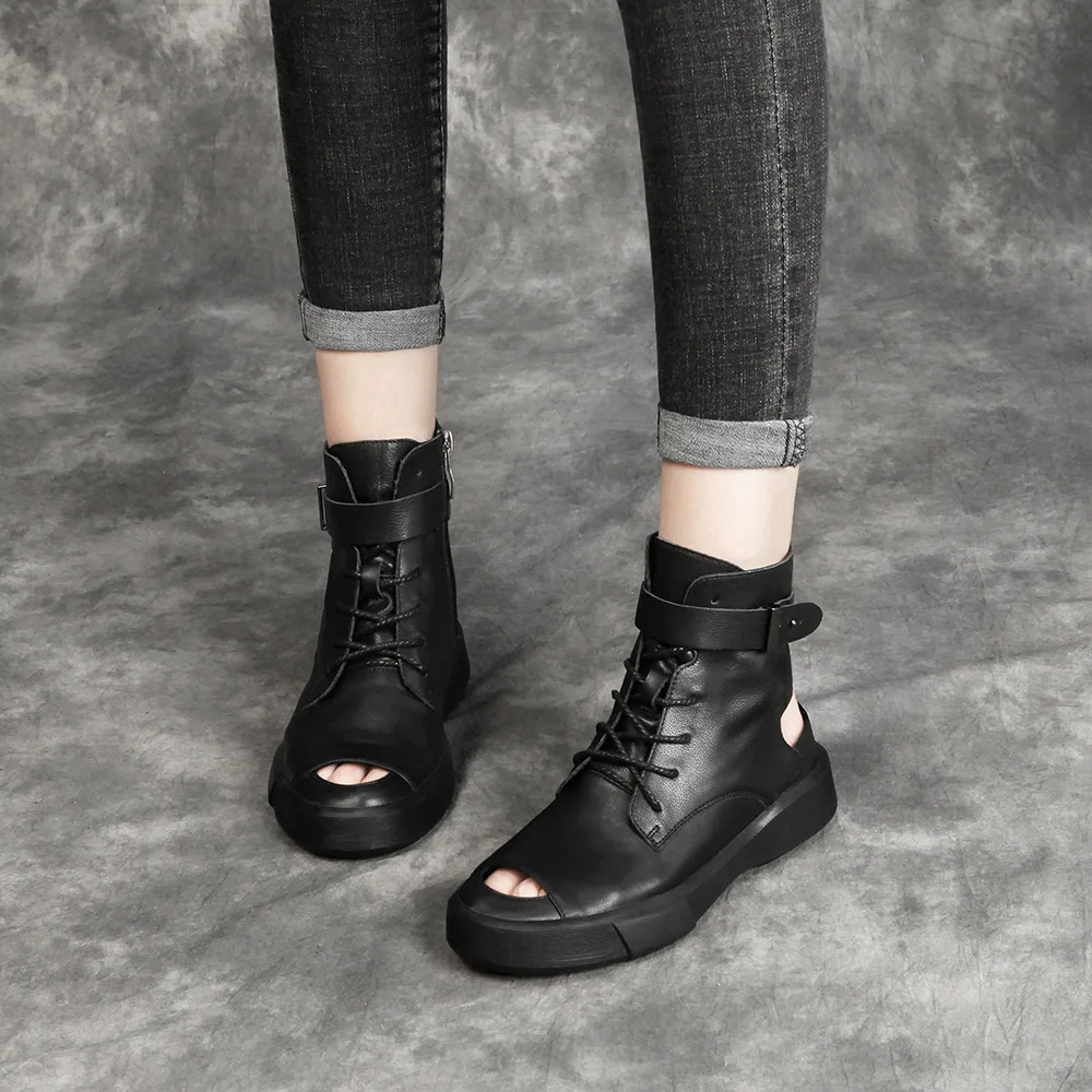 

New 2021 Hollow out Retro Cowhide Platform Gladiator Women'S Sandals Summer Black Ankle Boots Wedge strappy punk Leather Chunky