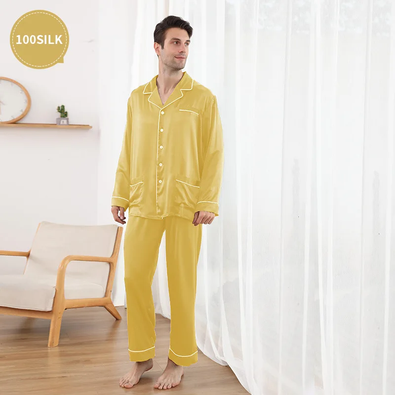 22 mm new style thicker silk pajamas men's 100% mulberry silk long-sleeved trousers set home sleepwear
