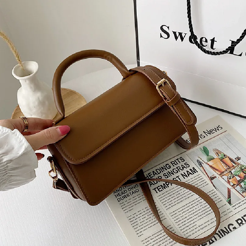 

Korean Style Handbag New Pure Color Women's Short Handle Handbag High Quality PU Messenger Bag Simple Female's Small Square Bag