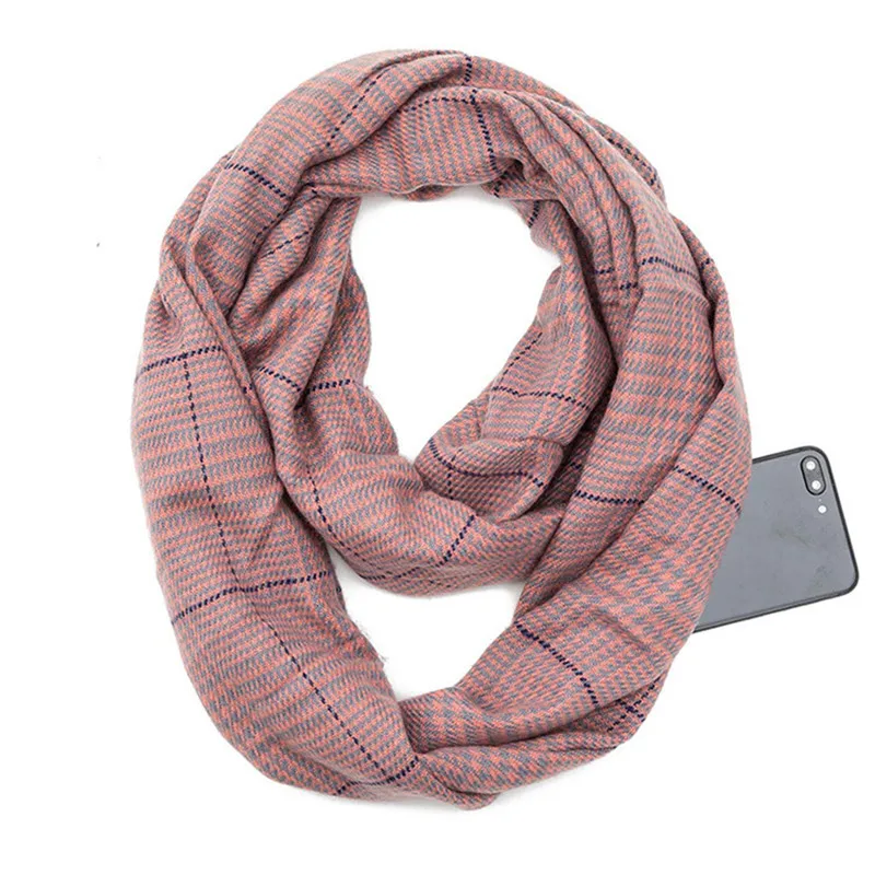 

2019 plaid winter scarf with pocket knitted Warm Convertible Journey Women&Man Wrap with Secret Hidden Zipper Pocket infinity