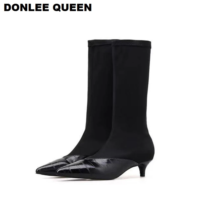 Роскошные женские ботинки до середины икры пикантные на низком каблуке 4 см