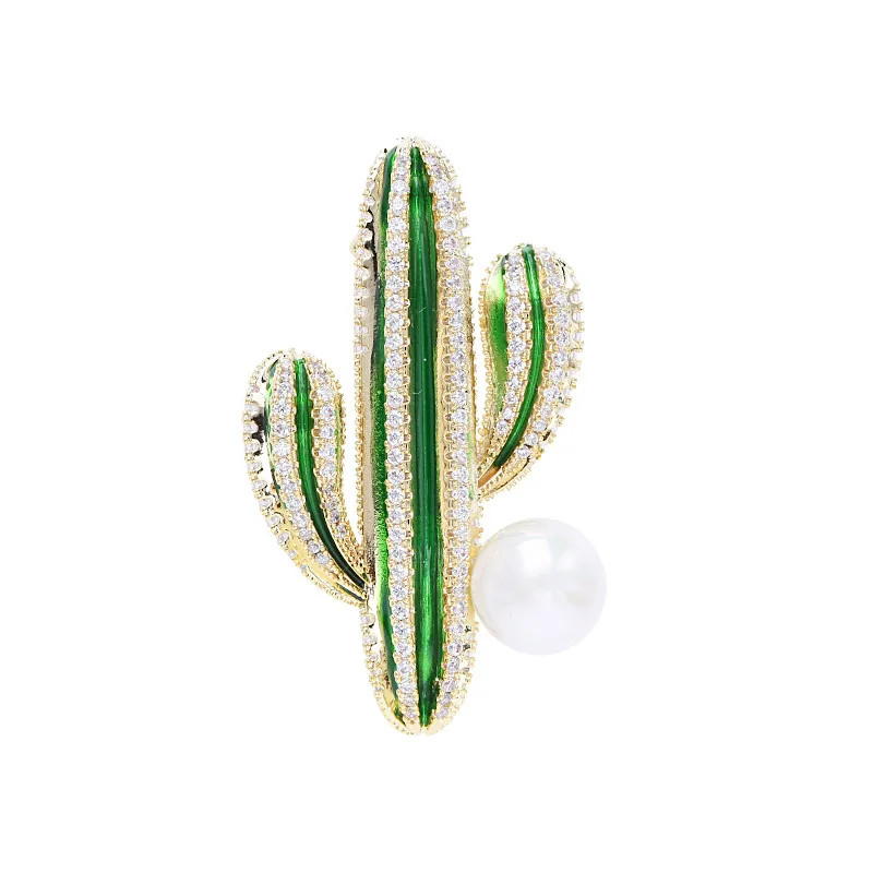 

Cactus Brooch Pin Gold-Plated Jewelry For Female Micro Pave Zirconia Corsage Elegant Temperament Pearl Brooches