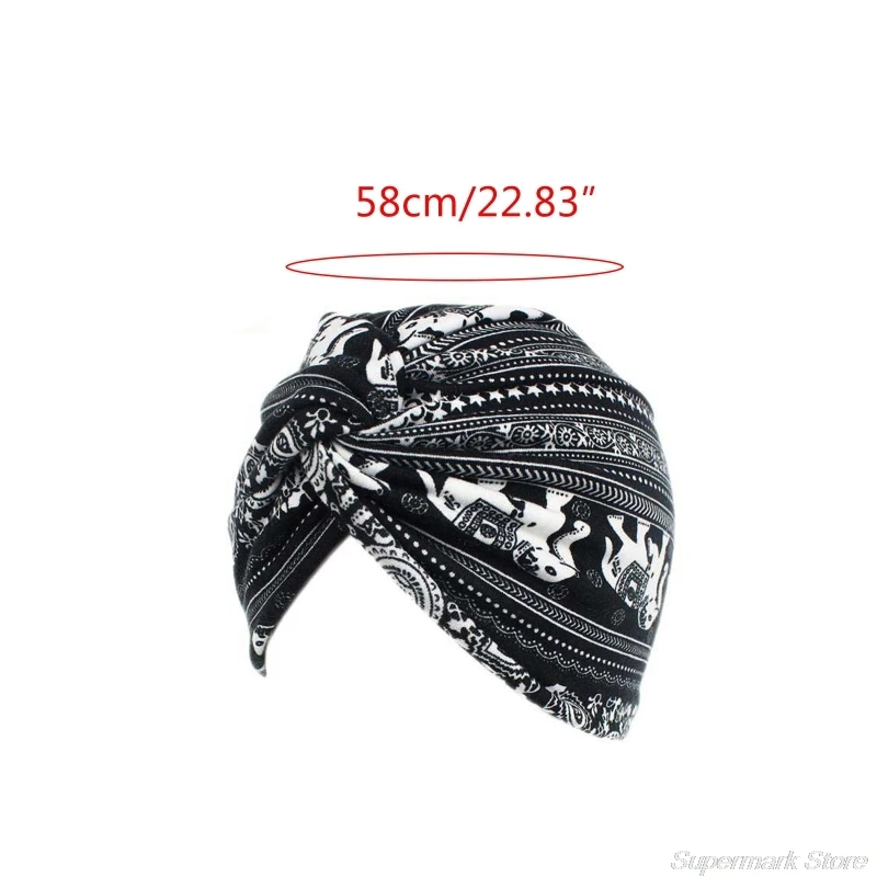 

Women Boho Pleated Turban Hat Ethnic Elephant Striped Head Wrap Cross Twist Knot Stretchy Muslim Hijab Beanie Chemo Cap My05 21